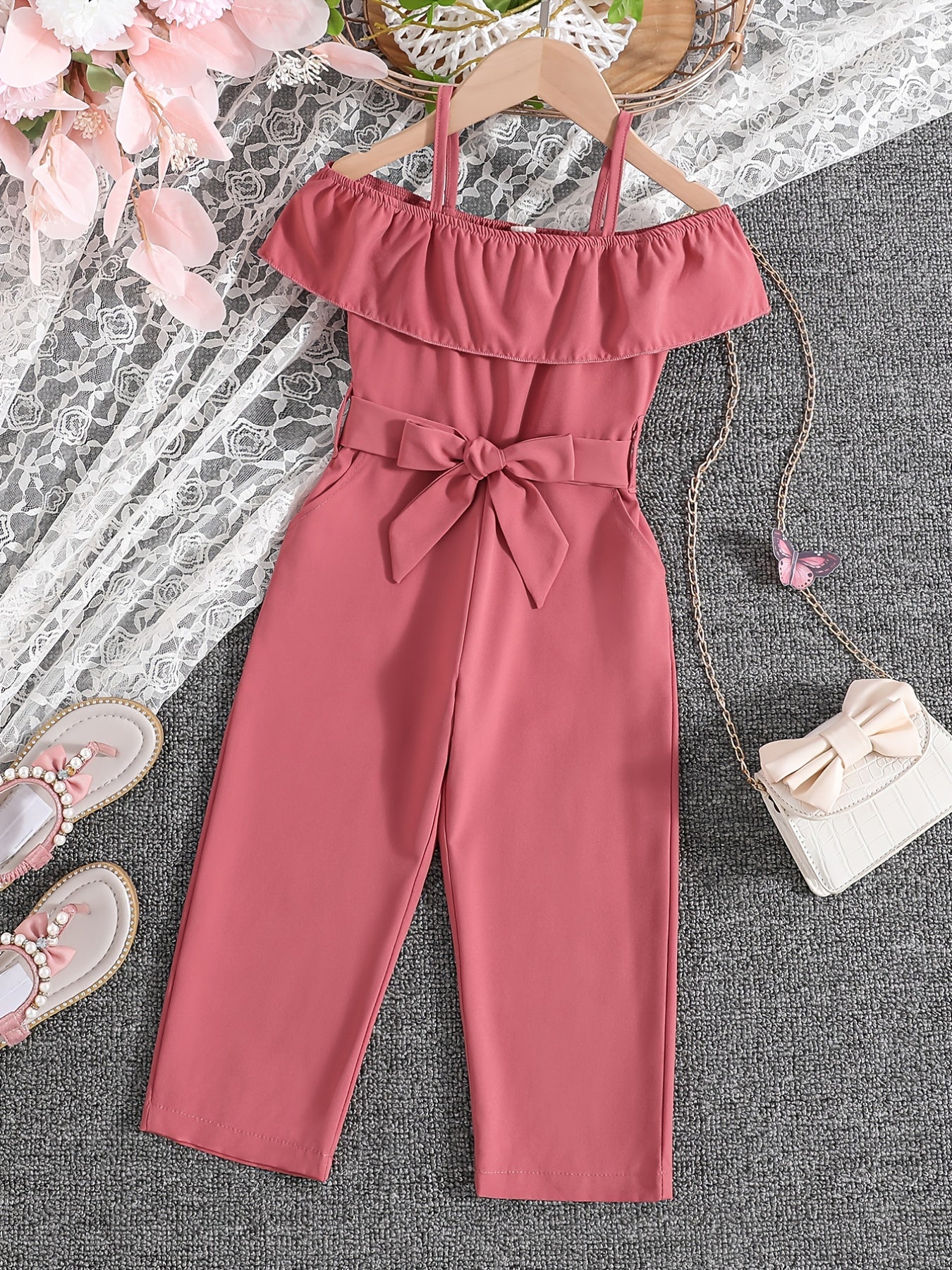 Girls Ruffle Cami Romper Belt Off Shoulder Նրբագեղ ամառային գարուն աշուն մանկական հագուստ