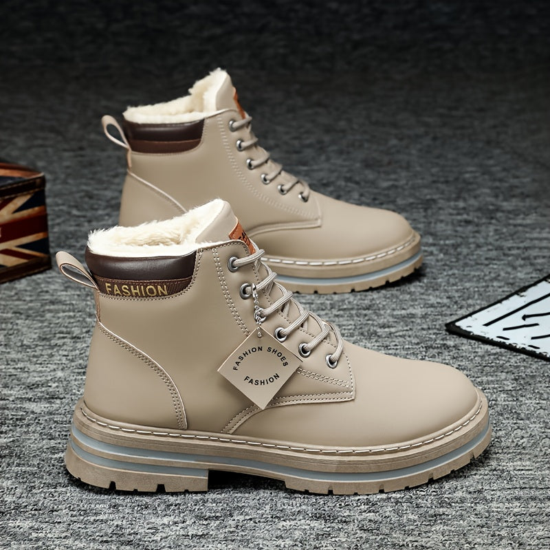 Men's Heavy-Duty Winter Snow Boots - Insulated & Slip-Resistant -like Upper, Thermal Insulation & Cushioned Insole, Large Size Availability (Beige/Brown/Coffee) - All-Terrain Traction Tread, Round Toe & Lace-Up Closure for Hi