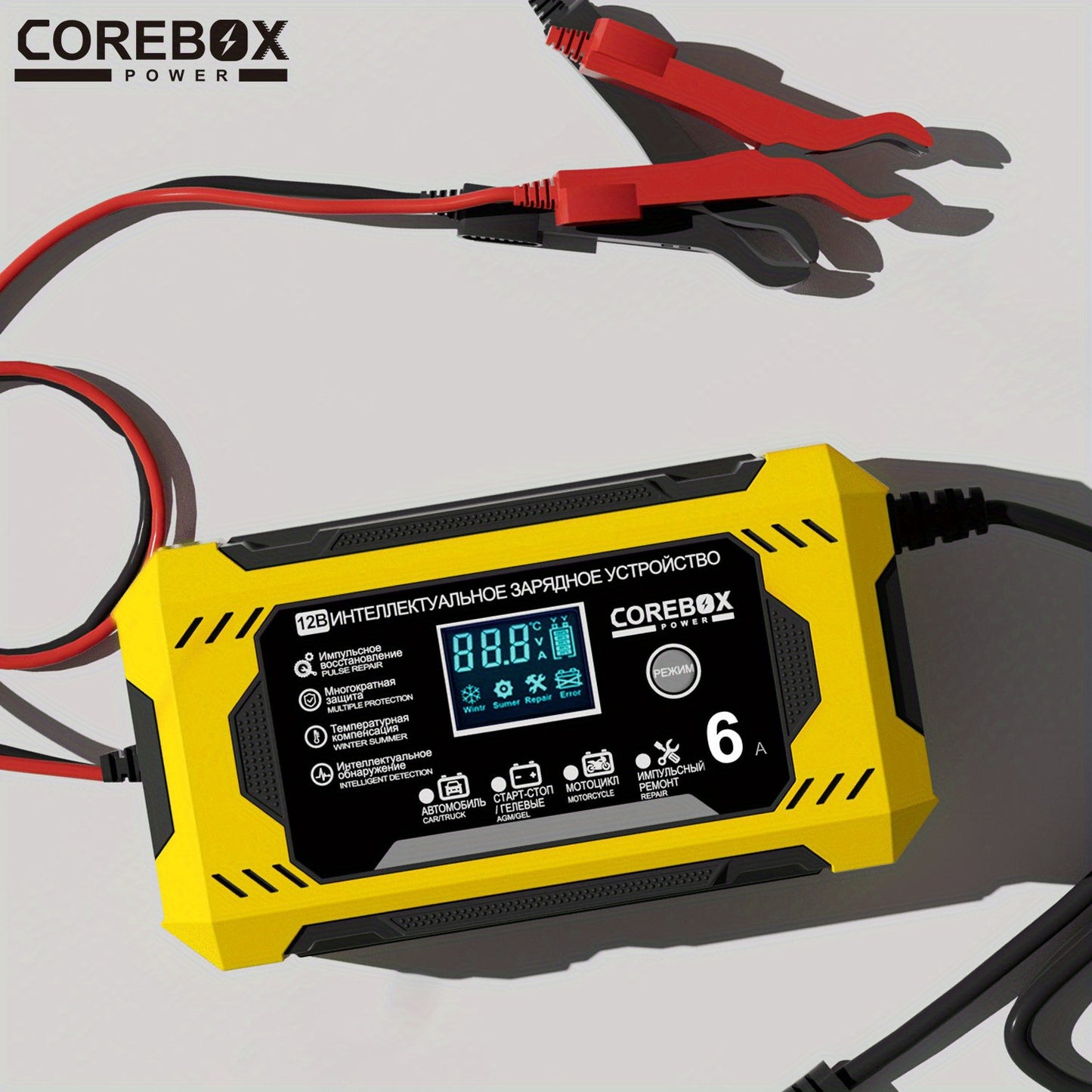 COREBOX EU Plug 12V 6A Smart Battery Trickle Charger 12V Battery Maintainer Battery Charger with LCD Display for Car Truck Motorcycle Lawn Mower Marine Lead Acid Charge, Without Battery