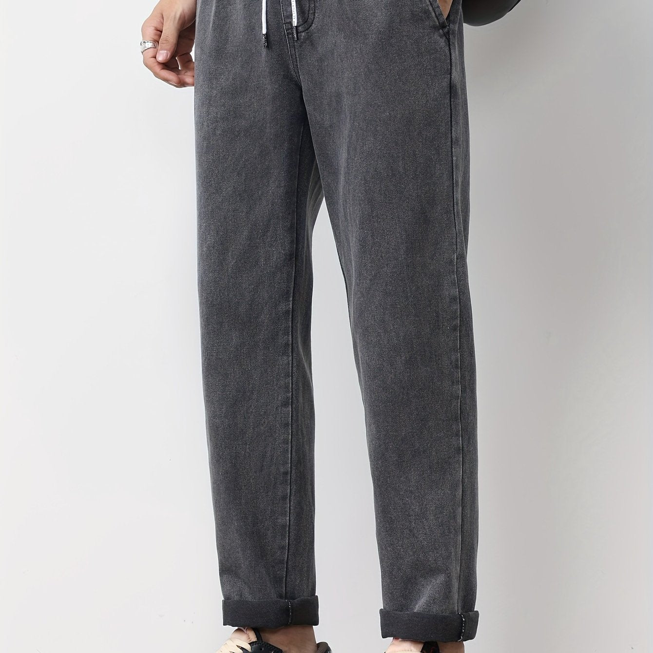 Men's Solid Washed Denim Trousers With Pockets, Causal Drawstring Cotton Blend Barrel Jeans For Outdoor Activities