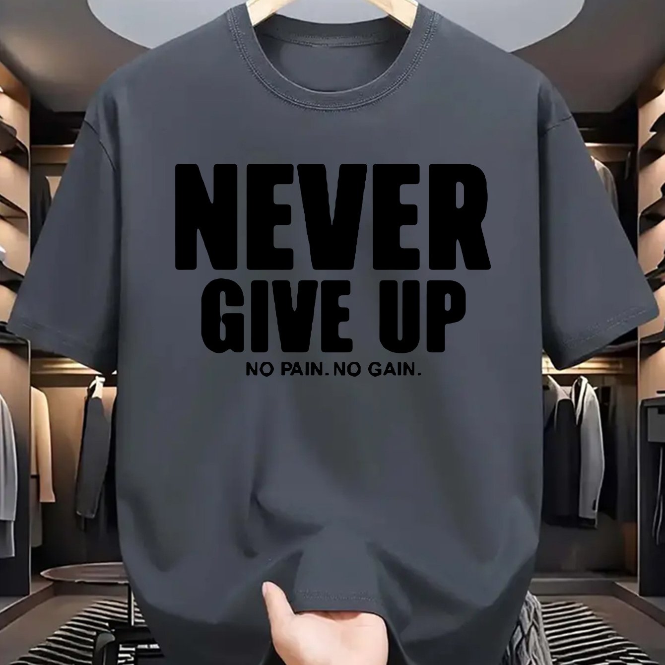Men'S Casual Crew Neck T-Shirt with "Never Give Up" Print, Polyester Knit Fabric, Slight Stretch, Regular Fit, Summer Short Sleeve Tee for Daily Wear