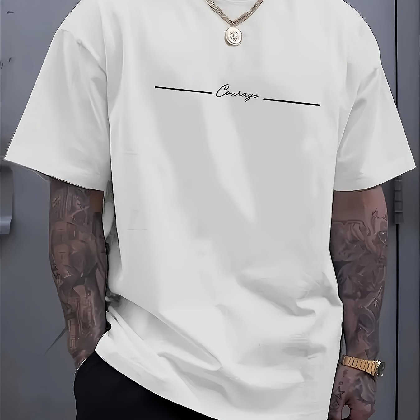Men'S Casual Crew Neck T-Shirt with Trendy English Print, 95% Polyester 5% Elastane, Slight Stretch Knit Fabric, Regular Fit, Summer Wear - MBDMBD