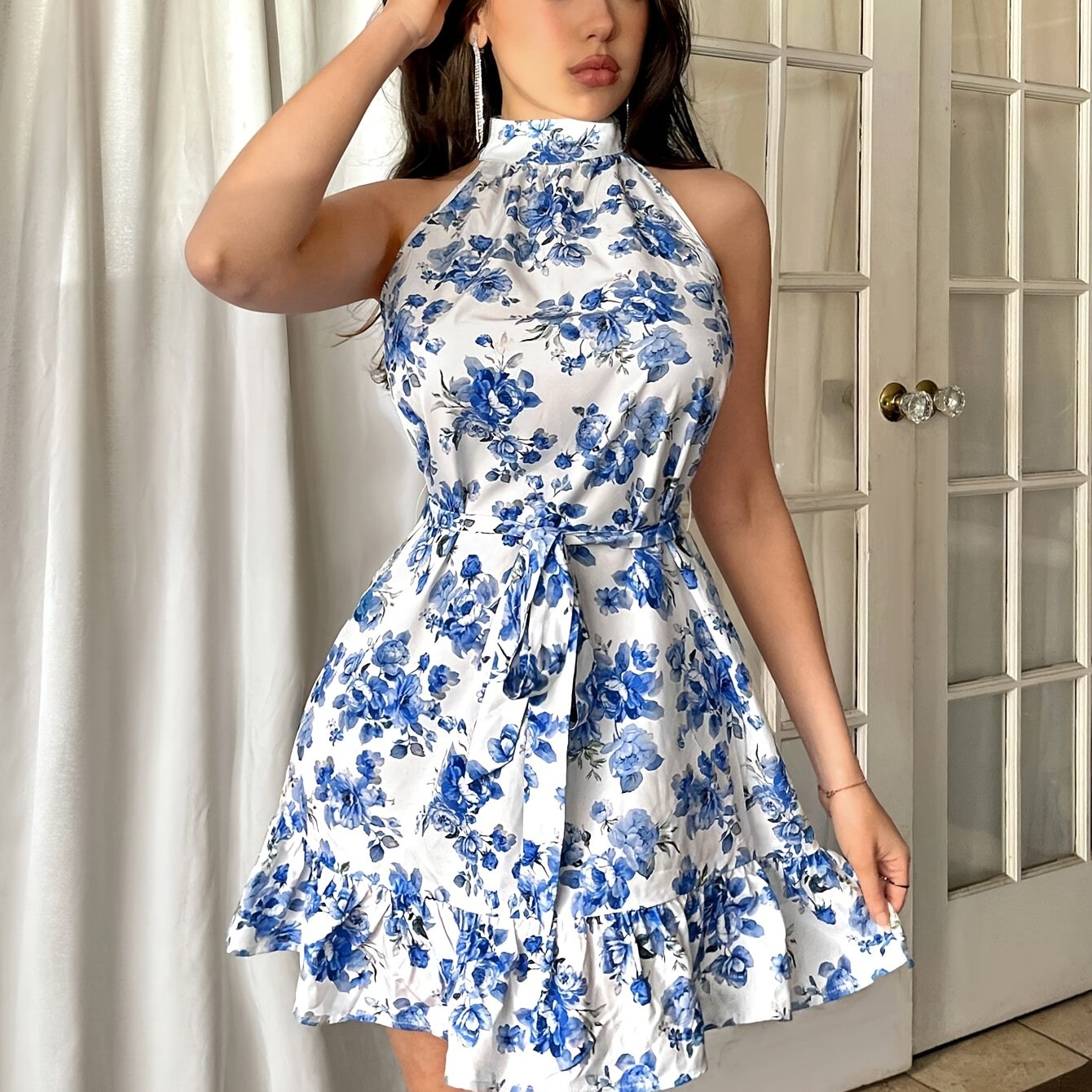 Elegant Floral Print Sleeveless Dress with Ruffle Hem - Choker Neck, Knee-Length, Lightweight Polyester, Machine Washable - Ideal for Spring/Summer/Fall Events