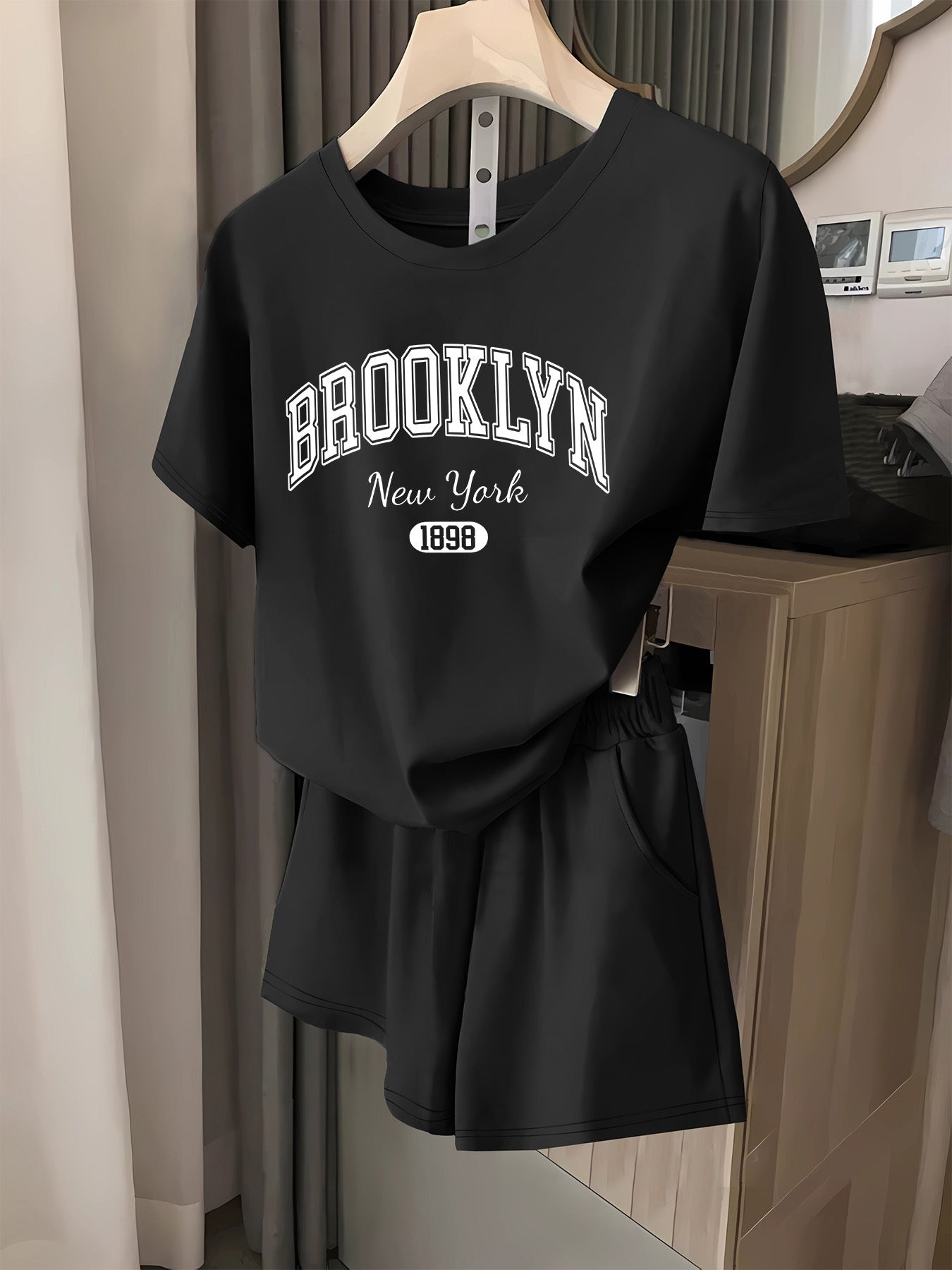 BROOKLYN letter print երկհատ հավաքածու, կարճաթև շապիկ և շորտեր, կանացի հագուստ