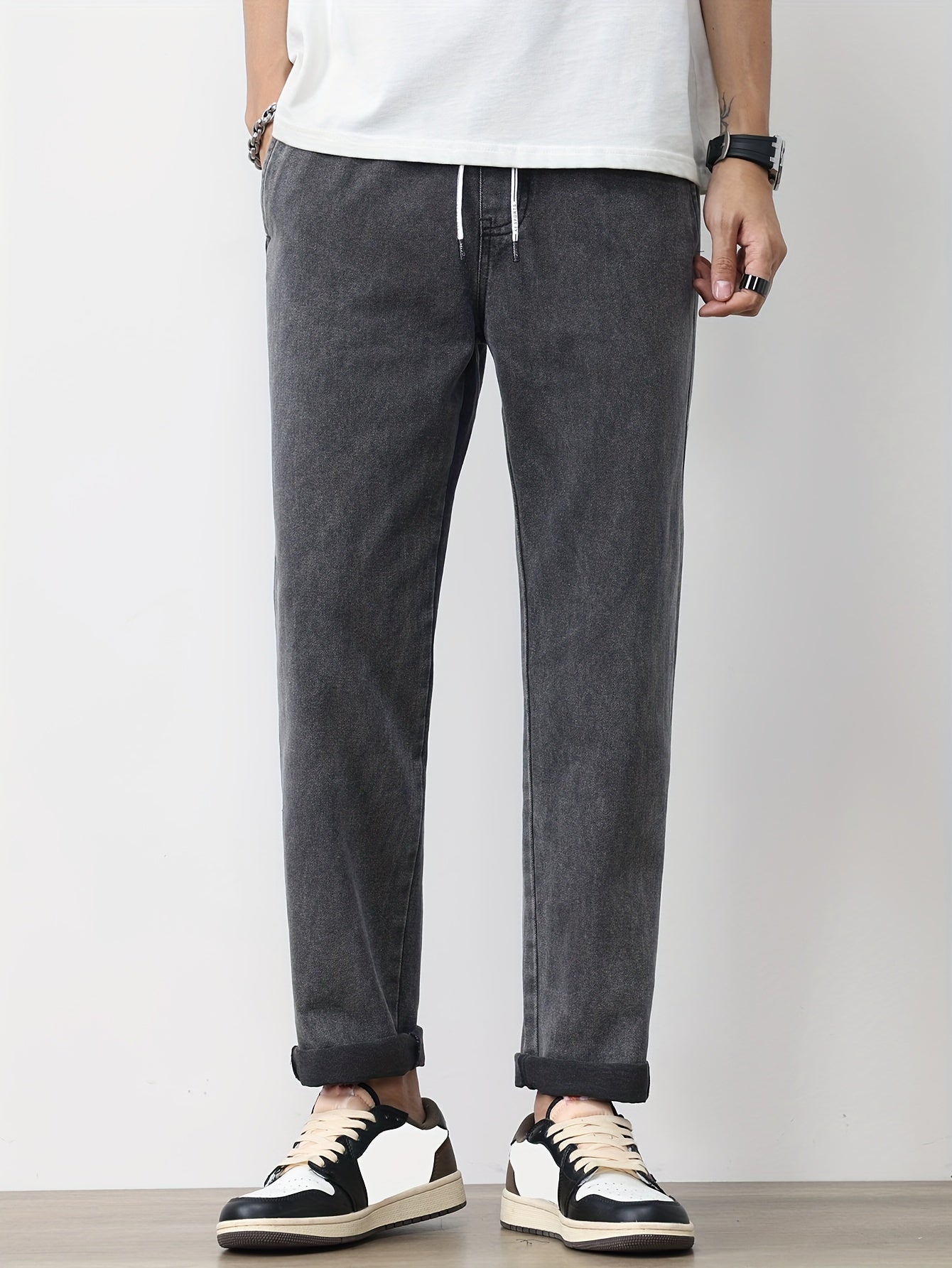 Men's Solid Washed Denim Trousers With Pockets, Causal Drawstring Cotton Blend Barrel Jeans For Outdoor Activities