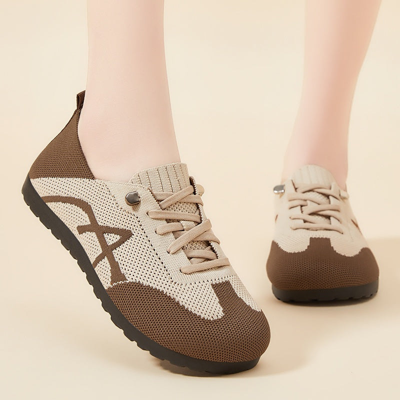 Women's Lightweight Breathable Slip-On Sneakers - Casual Low-Top Shoes with Knit Fabric Upper Durable PVC Sole, Comfortable for Indoor Outdoor Spring Wear, Brown Black, Ladies Sneakers