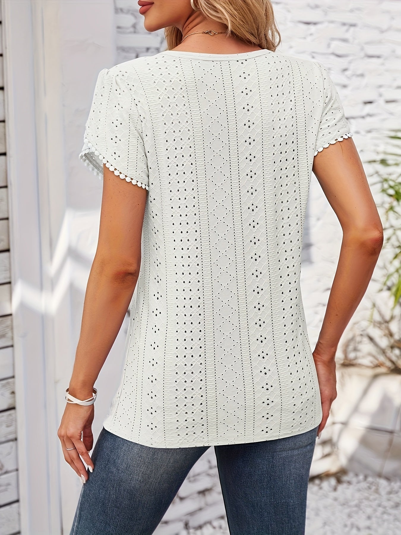 Women'S Elegant Blouse - Soft Pink Round Neck T-Shirt with Floral-like eyelet details, Breathable Loose Fit Top for Casual & Formal Outfits - Everyday Summer Shirt for Women, Ladies T Shirts, Versatile Clothing, Feminine Styl