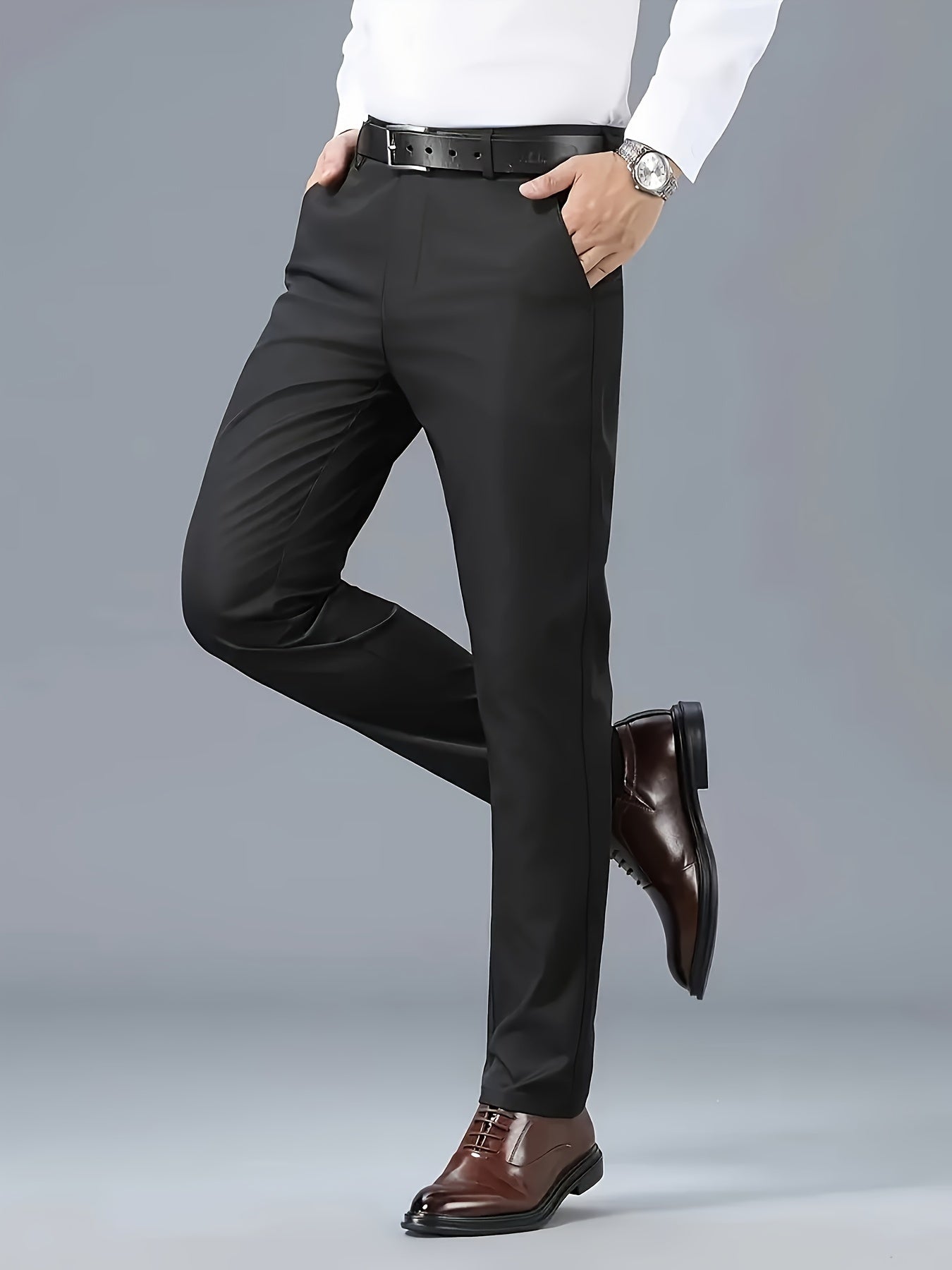 Men's Solid Color Business Casual Pants, Lightweight Business Style Versatile Trousers for Office