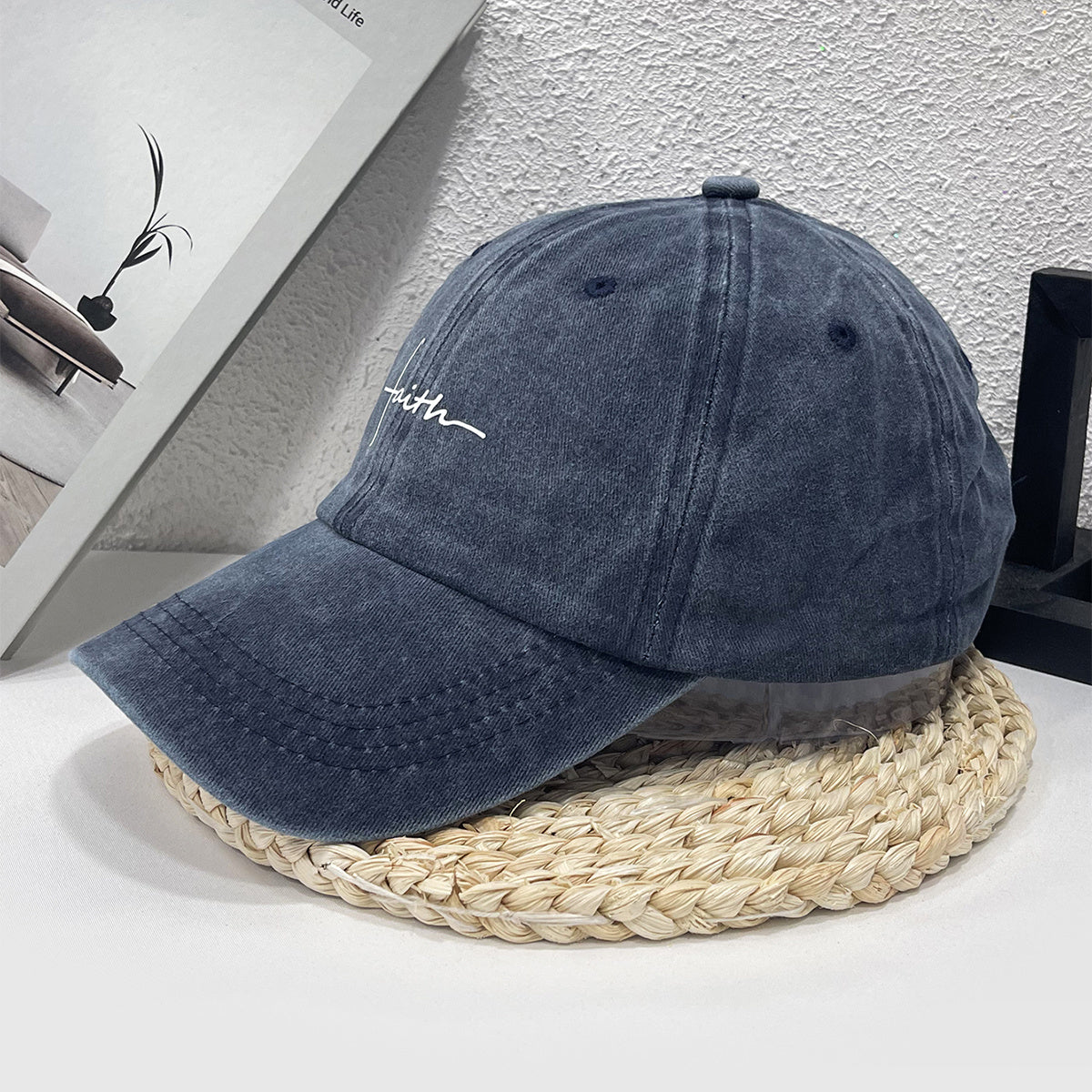 Vintage Street Style Water Wash Denim Polyester Baseball Cap, Faith Print, for Men, Women