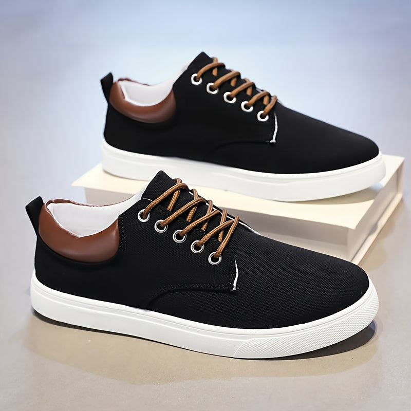 1pair Men'S Classic Breathable Canvas Sneakers, Comfortable Non-Slip Durable Walking Shoes, Casual Loafers, Round Toe, Low-Top, Lace-Up, Solid Color, All-Season Sports Footwear