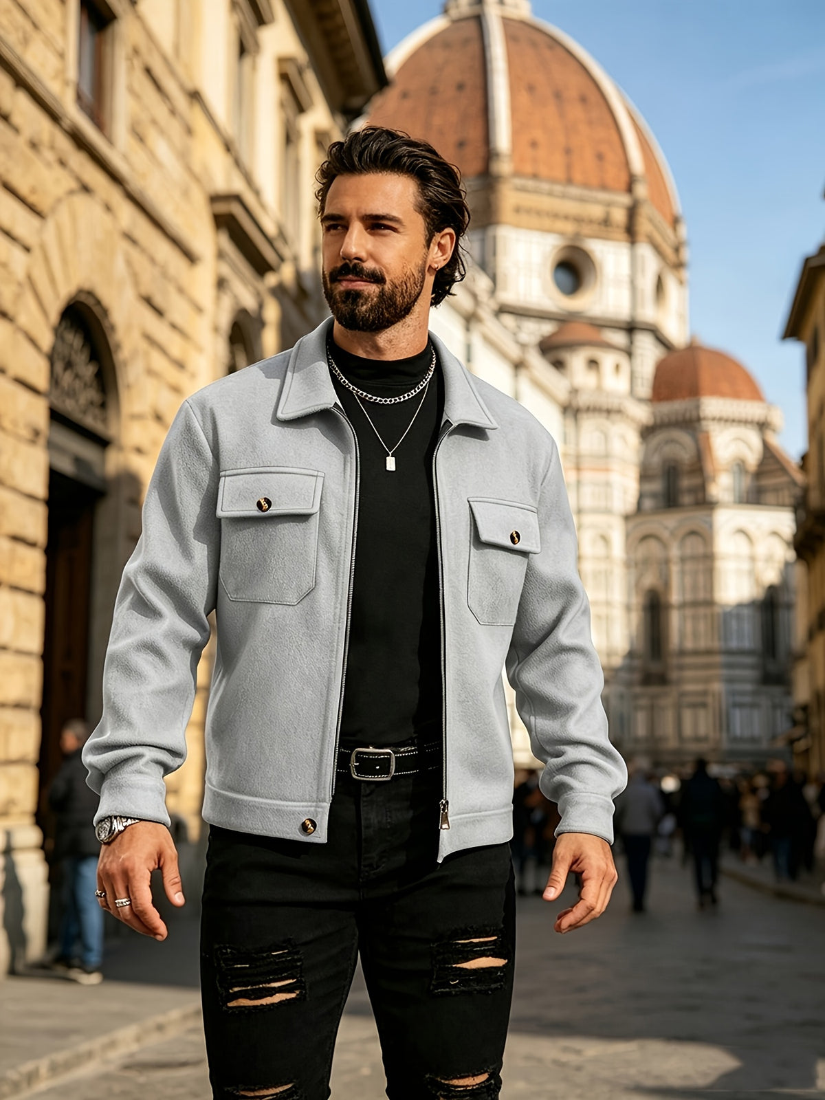 Men's Vintage Lapel Workwear Jacket with Zipper Pockets