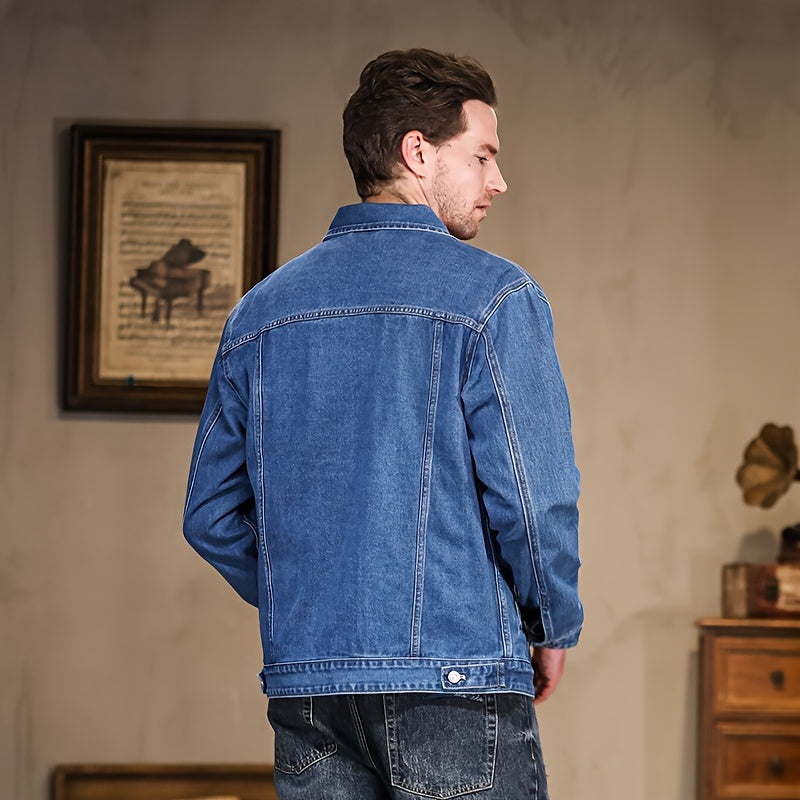 Men's Casual Denim Jacket - Spring & Autumn Collection, Washed Blue, Cotton Blend, Machine Washable, Lapel Collar with Pockets, 2024 New, Denim Jacket
