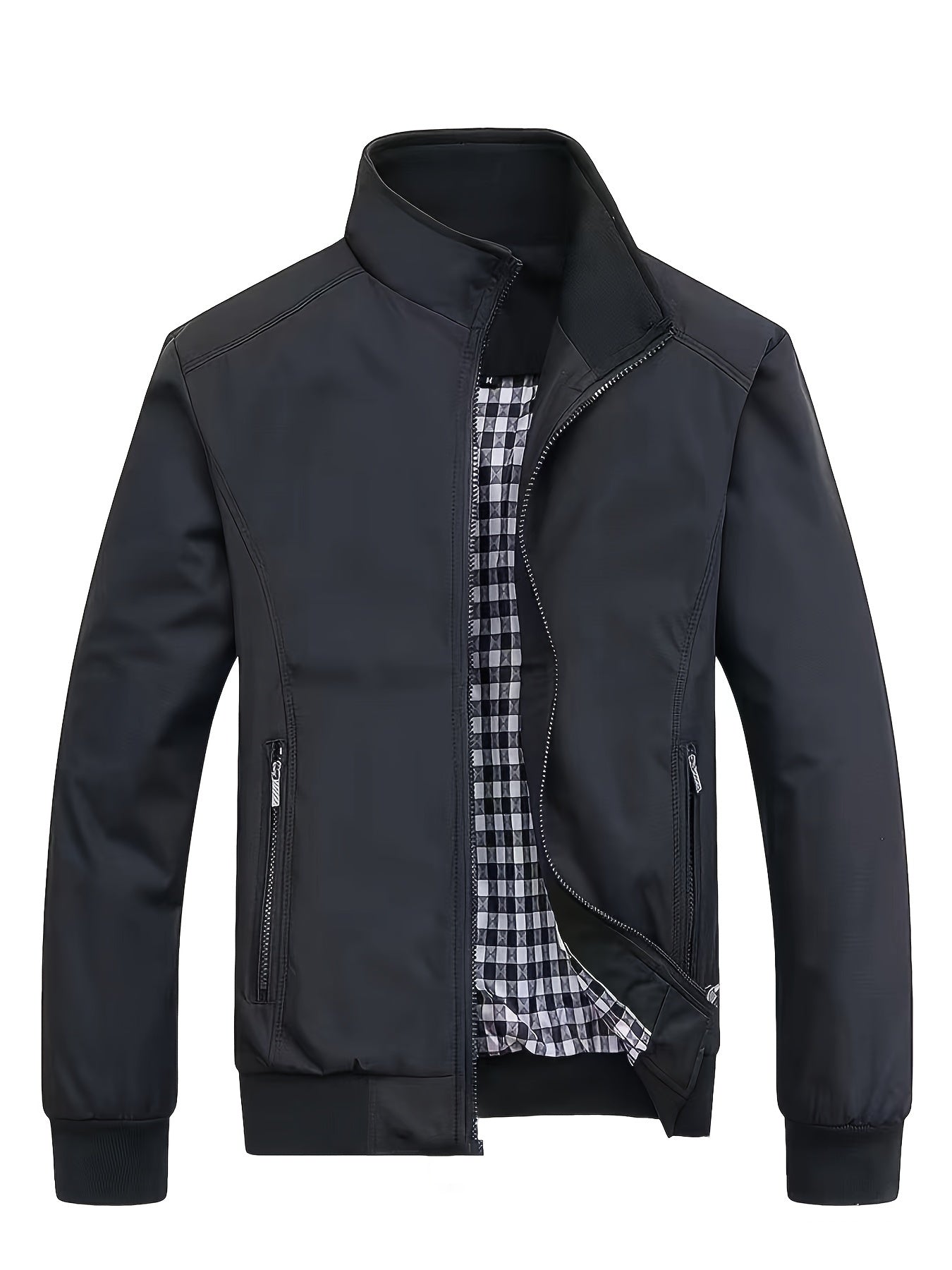 Men's Long Sleeve Zip Up Stand Collar Coat, Business Stand Collar Jacket With Zipper Pockets, Spring Autumn Men's Clothing