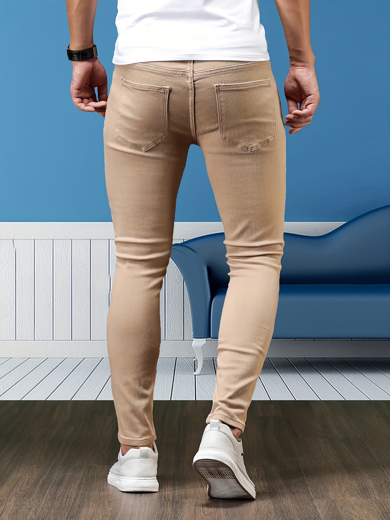 Slim Fit Chic Jeans, Men's Casual Street Style All Match Stretch Denim Pants With Pockets