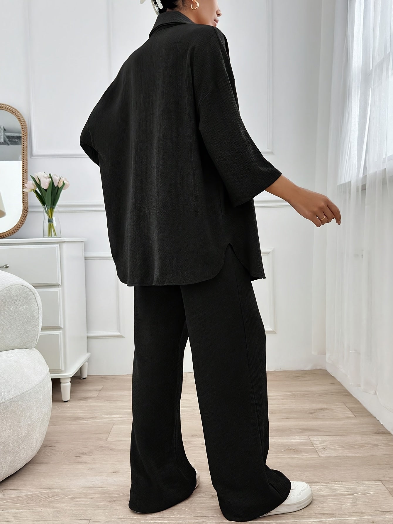 Women'S Elegant Two-Piece Beige Casual Suit - Cropped Top & Wide-Leg Pants with Pockets, Perfect for All Seasons, Stylish Home Attire|Casual Attire|Pocketed Pants