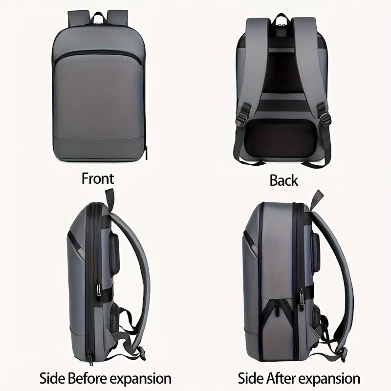 Expandable Black Nylon Business Backpack with Padded Laptop Compartment, Lightweight with Trolley Sleeve, Durable Zipper, Multi-Pocket Design, Splicing and Color Block Detail, Ideal for Daily Commute and Travel - Wet Wipe Cle