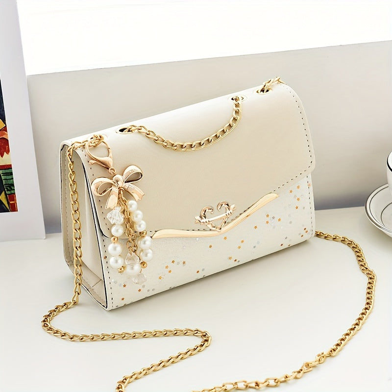 Elegant Women'S Sequin Chain Crossbody Bag - White Shoulder Purse with Golden-Tone Hardware & Decorative Pendant, Perfect for Festivals & Parties, Festival Shoulder Bag | Elegant Chain Strap | Decorative Pendant, Novelty Purs
