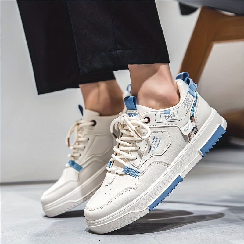 Men's Skate Shoes with Good Grip Breathable Design - PU Upper, Cushioned PVC Sole, Black/Blue Letter Pattern Lace-Up Sneakers for All-Season Casual Sports Wear, Allseason Shoes Modern Casual Shoes Comfortable Wear