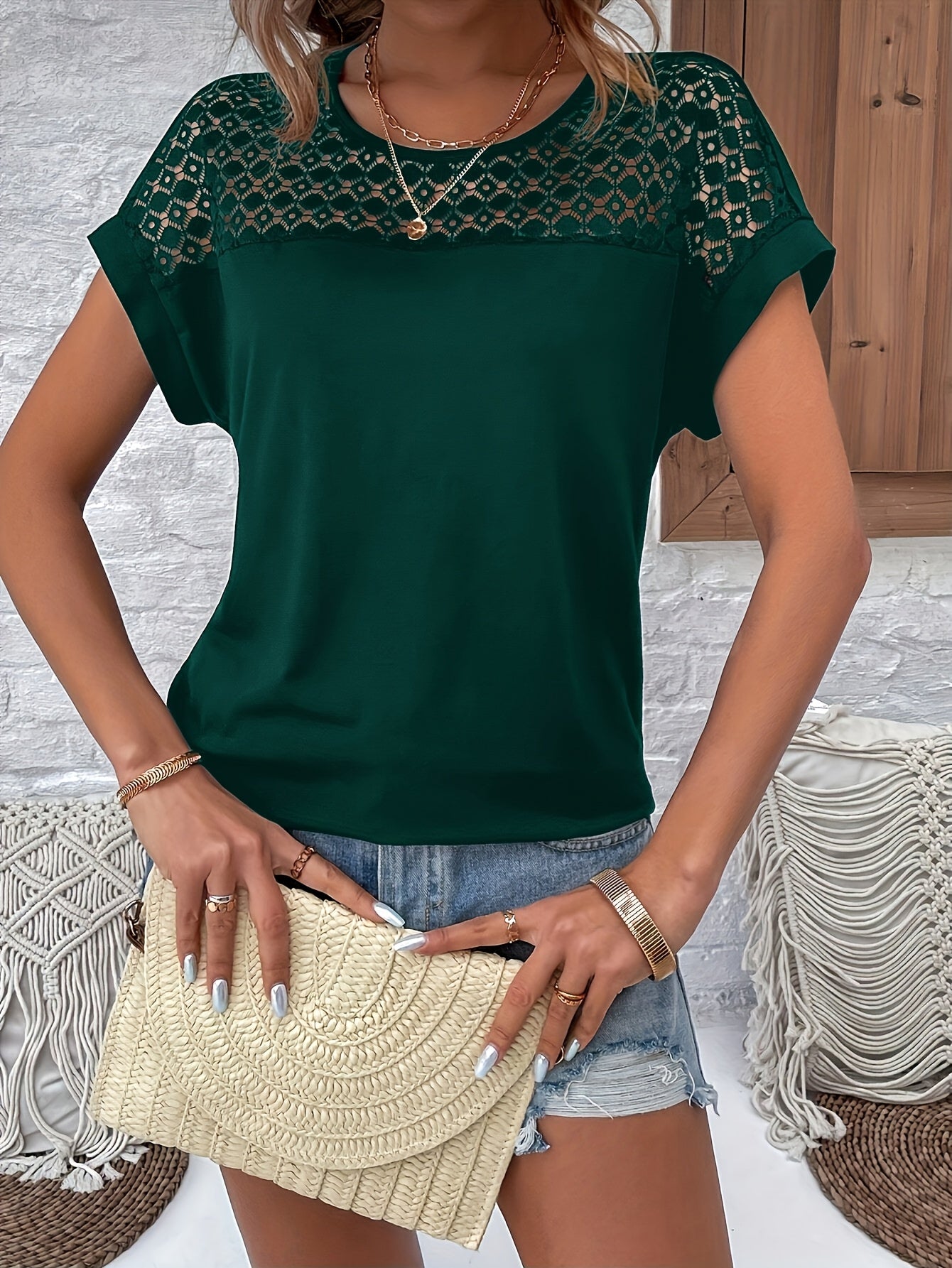 Vacation Style Lace Batwing Short-Sleeve T-Shirt