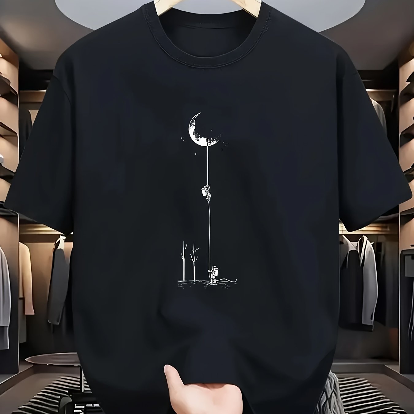 Men's Casual Graphic T-Shirt - Soft Polyester Blend, Crew Neck, Short Sleeve, Summer Style with Unique Moon and Figures Print, Lightweight and Comfortable for Casual Attire, Everyday Tshirt Artistic Design Shirt Lightweig