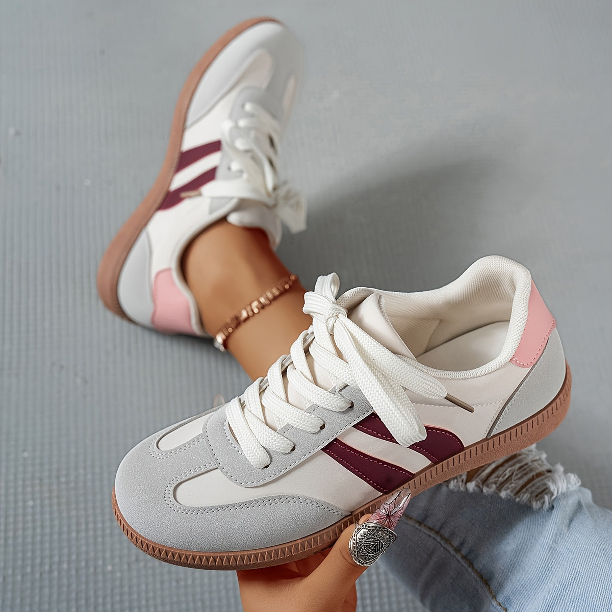 Women's Casual Low-Top Sneakers - Trendy Color Block Design, Light Gray with Navy Blue & Red Stripes, Comfortable Lace-Up Shoes for Casual Attire, Retro Style, Faux Cover Upper, PVC Sole, EVA Insole, Perfect for Spring and Fa