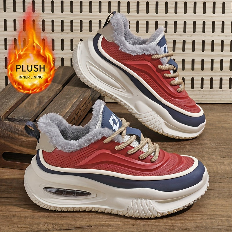 's Winter Snow Traction Shoes with -Like Collar - -Skid Low-Top, PU Upper & PVC Sole - Red/Navy/Beige/White Colorway for Ice Skating, Snow Walking, Casual Winter Wear (Warm Lace-Up Sneakers)