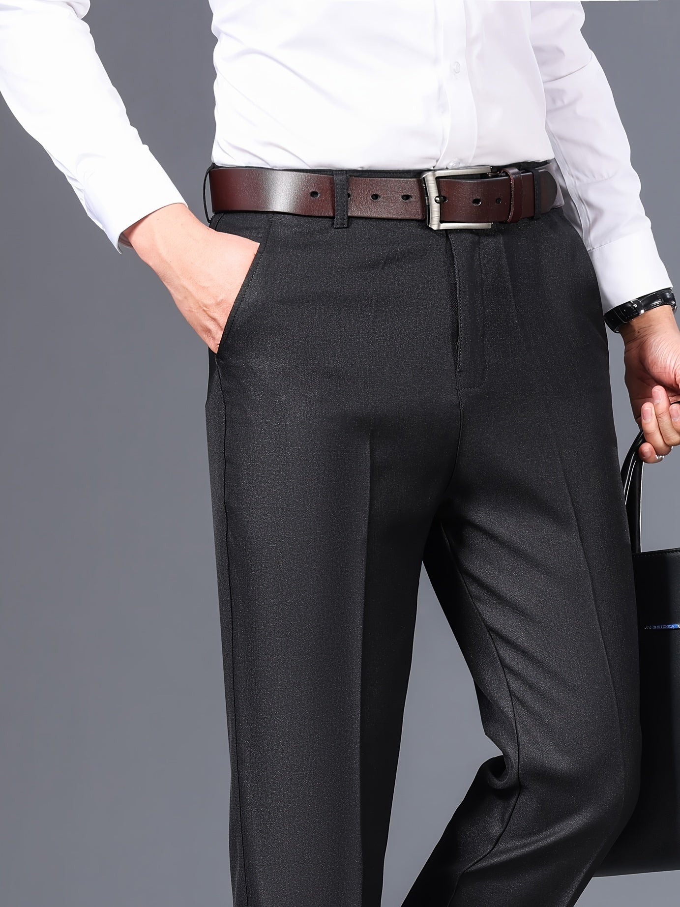 Men's Classic Gray Dress Pants - Medium Thick, Straight Fit with Slant Pockets & Zipper Closure, Polyester, Non-Stretch Fabric for Business Casual & Formal Wear, Ideal for Spring/Autumn