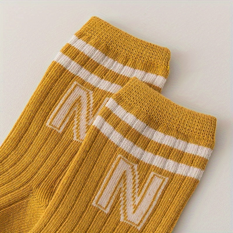 4 Pairs of N-Letter Knitted Pattern Socks, Thin Socks for Spring and Summer, Cotton Blend Comfortable Breathable Soft Mid-Calf Socks, Breathable Mid-Calf Socks