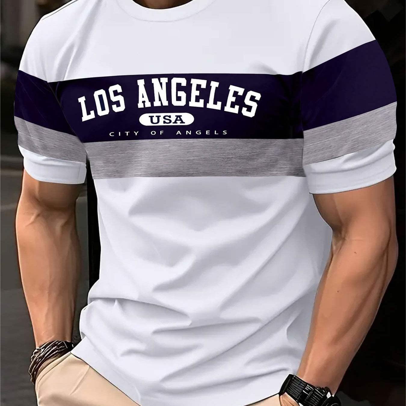 Men'S Casual Los Angeles Graphic T-Shirt - Short Sleeve, Round Neck, White with Purple Gray Stripes, Comfortable Summer Tee for Casual Attire, Everyday Tshirt Casual Style Comfortable Fit