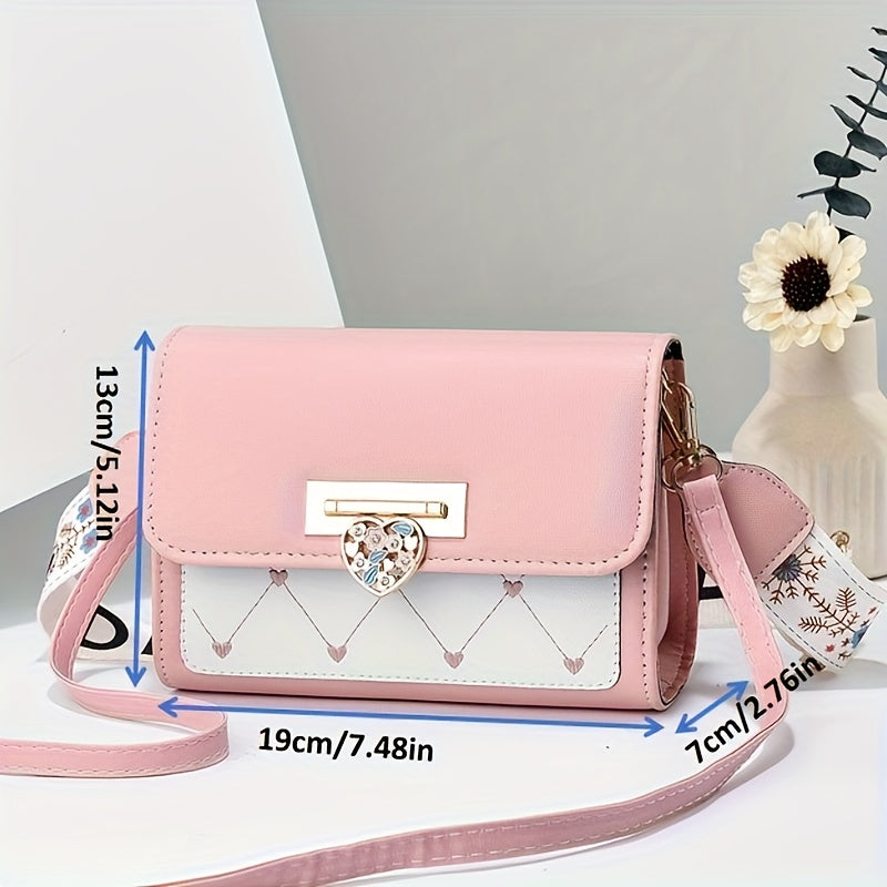 Chic Versatile Women’s Shoulder Bag with Cute Heart Pattern - Adjustable Strap, Magnetic Closure, in Pink, Green, Blue, Black, Casual Crossbody Bag | Playful Heart Design | Decorative Zipper Charm