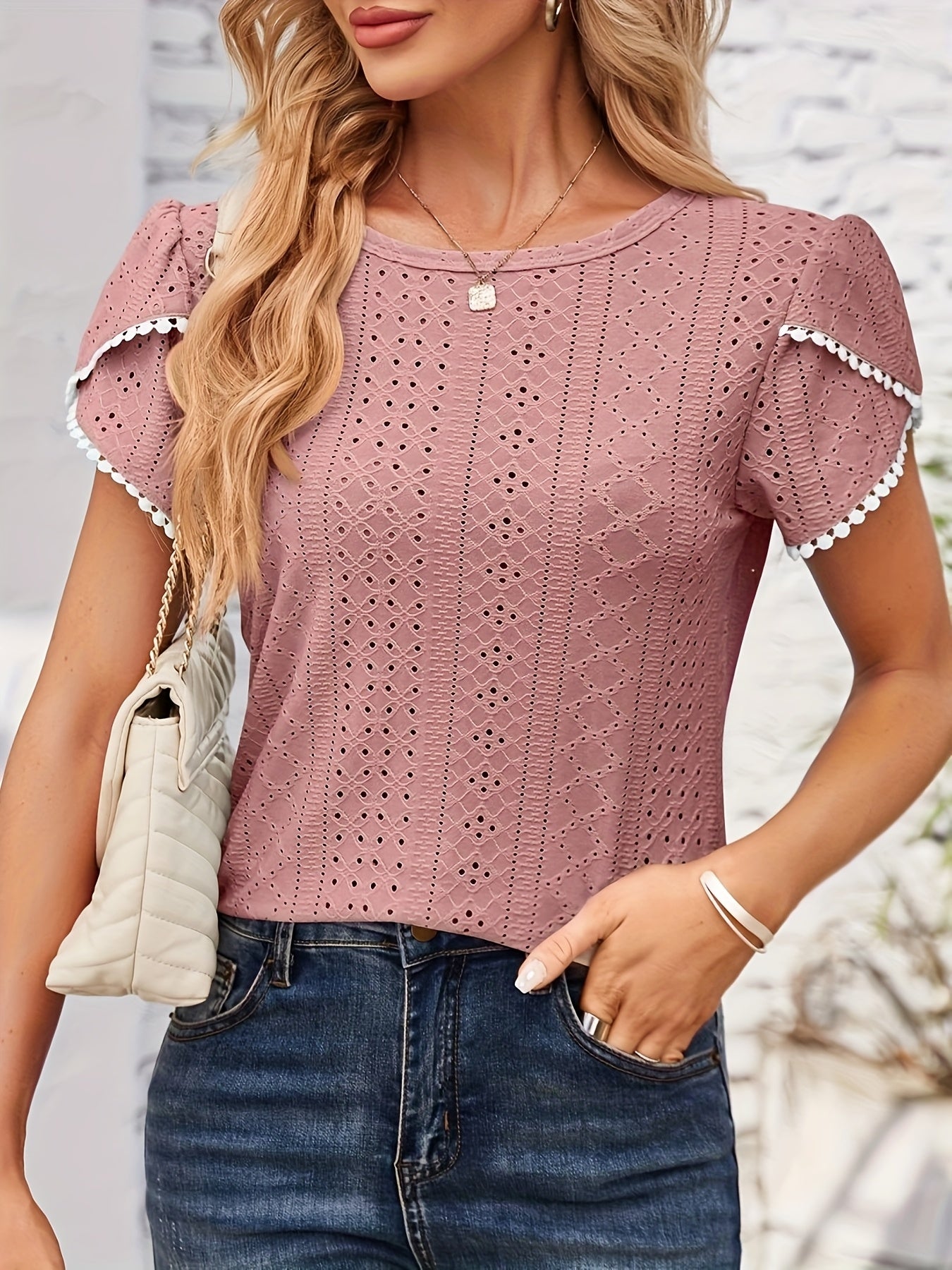 Women'S Elegant Blouse - Soft Pink Round Neck T-Shirt with Floral-like eyelet details, Breathable Loose Fit Top for Casual & Formal Outfits - Everyday Summer Shirt for Women, Ladies T Shirts, Versatile Clothing, Feminine Styl