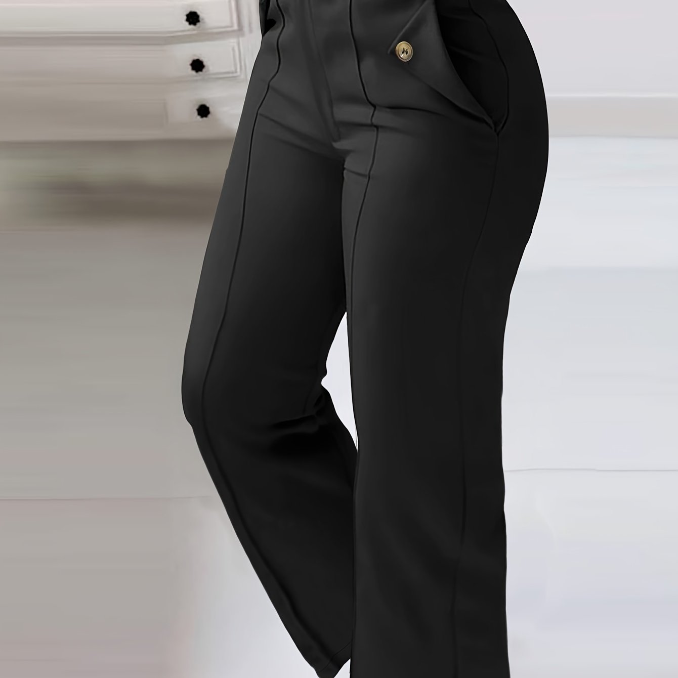 Women'S High-Waist Button-Detail Casual Straight Leg Pants, Solid Color, Polyester, with Belt, for All-Season Woven Trousers