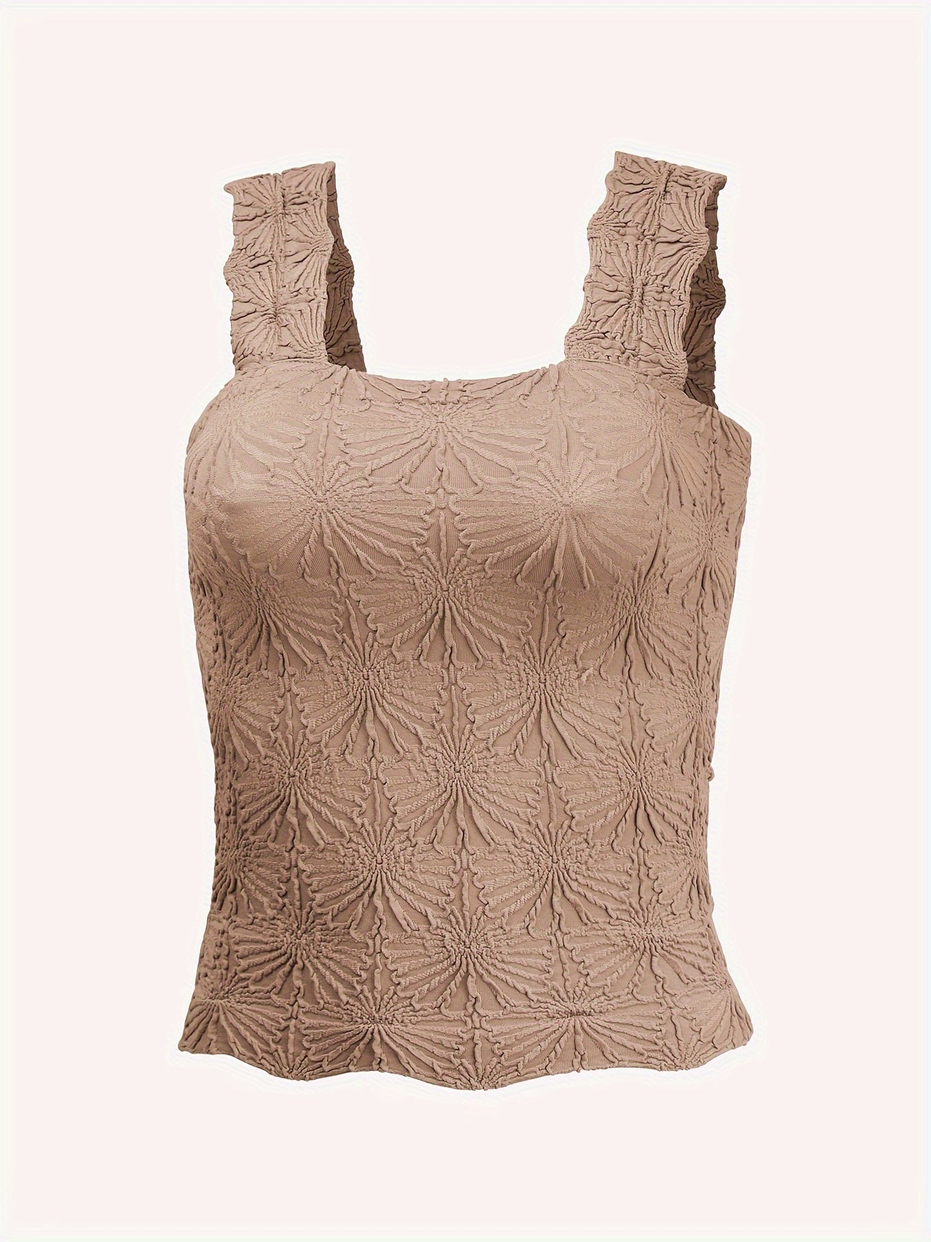 Women's Fashion Cami Tank Top With Jacquard Floral, Wide Shoulder Strap Square Neck Tank Top, Women's Activewear