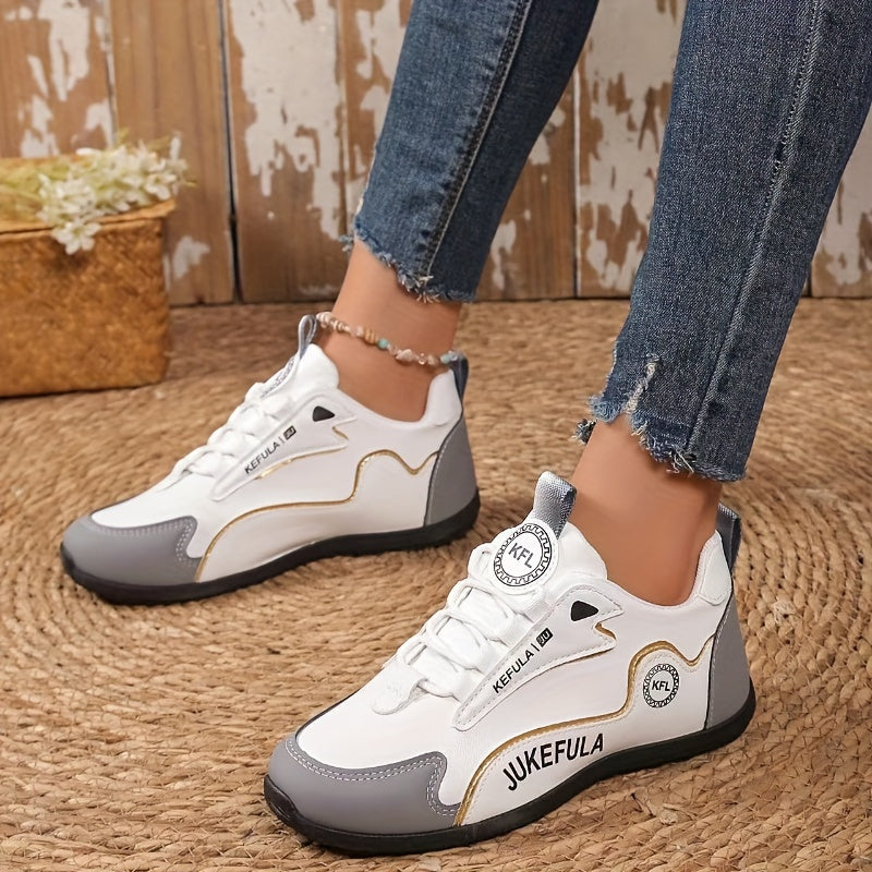 JUKEFULA White Women's Outdoor Colorblock Sneakers - Elegant white and grey casual sneakers with soft sole and lace-up design, suitable for all seasons, gym and travel