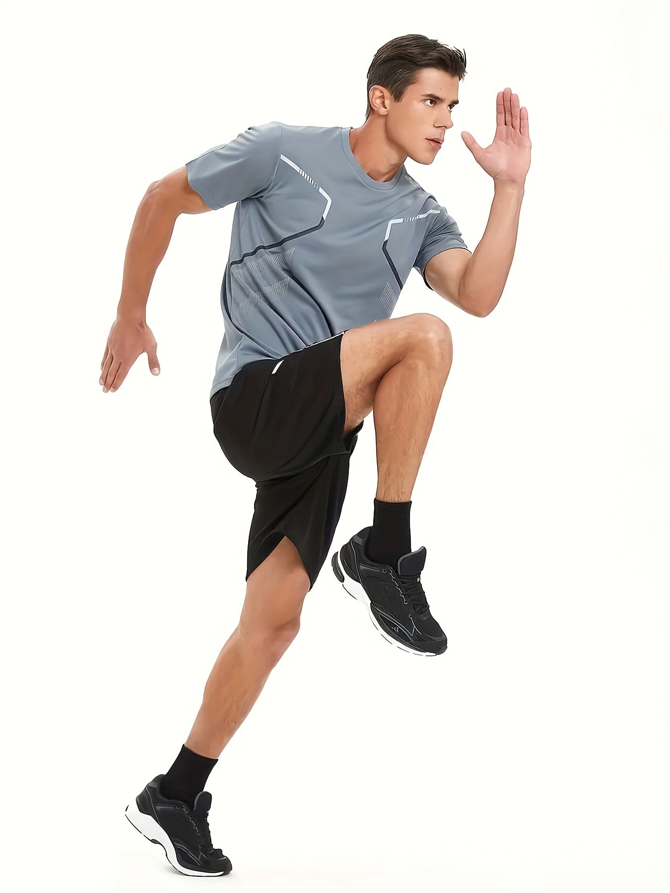 2pcs Men's Summer Sportswear Set - Comfortable Polyester Crew Neck T-Shirt & Black Drawstring Shorts with Side Stripe, Casual Style, Easy Care, Athletic Shorts