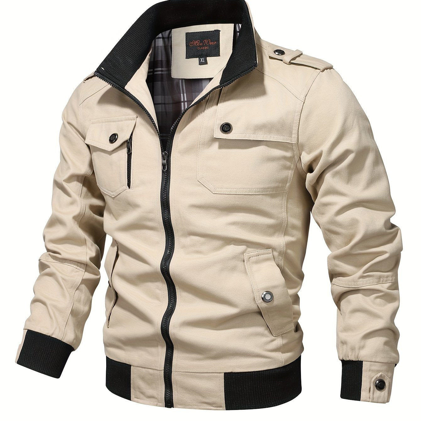 Men's Casual Bomber Jacket, Cotton Stand Collar Windbreaker Jacket With Pockets For Fall Winter