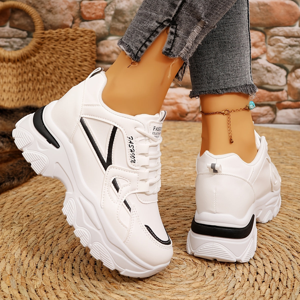 1 Pair Women'S Fashion Sneakers - Lightweight All-Season Casual Sports Shoes with Man-Made Upper, Fabric Inner, Faux Leather Sole, and Random Printing Design