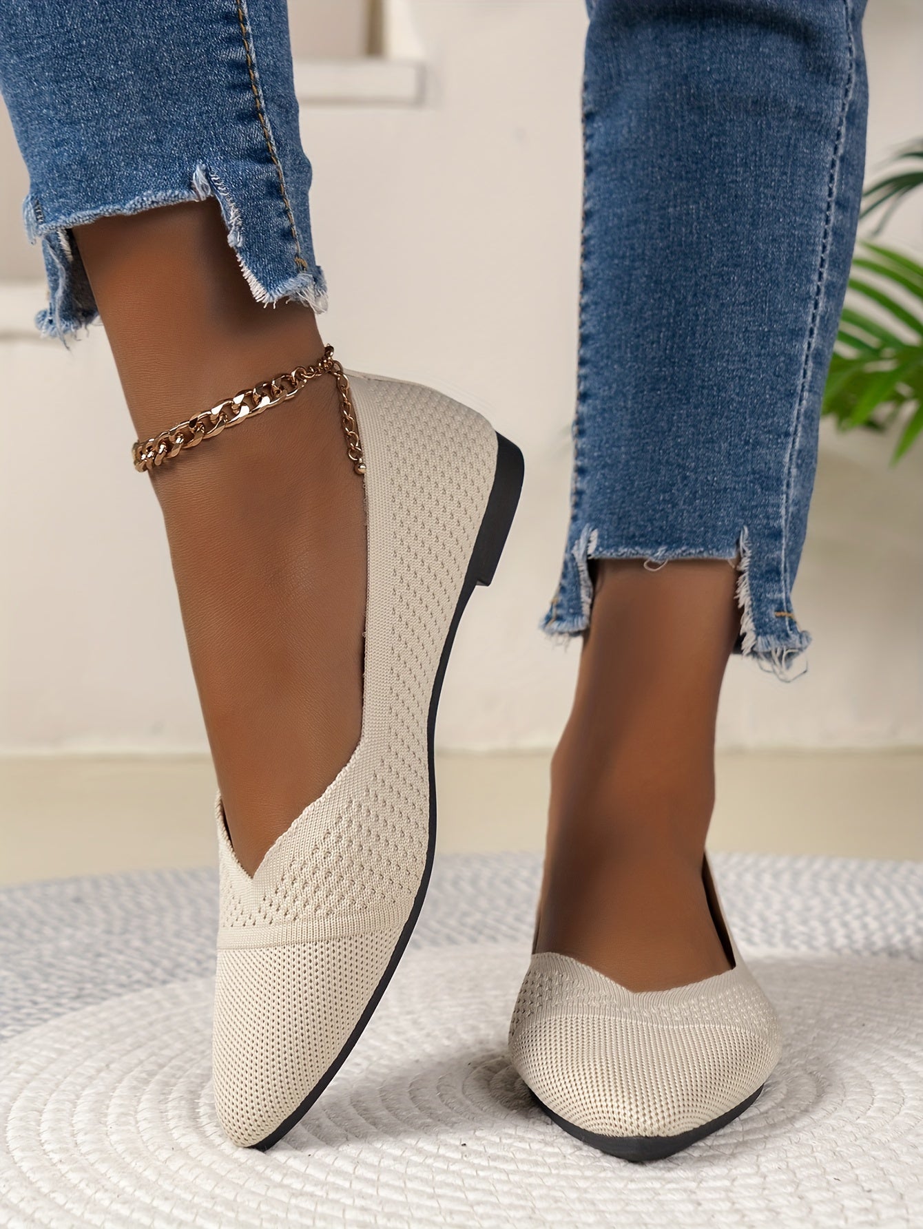 Women's Fashion Flat Shoes, Casual Pointed Toe Knit Flats, Breathable & Comfort Slip-On Ballet Shoes For Daily Wear