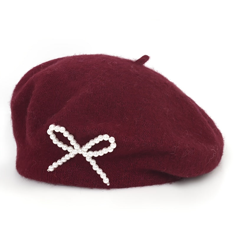 1pc Women's Wool Beret with Pearl Bow - Elegant, Breathable, and Stylish in Multiple Colors (Black, Brown, Gray, Beige, Purple, Pink) for Casual Attire