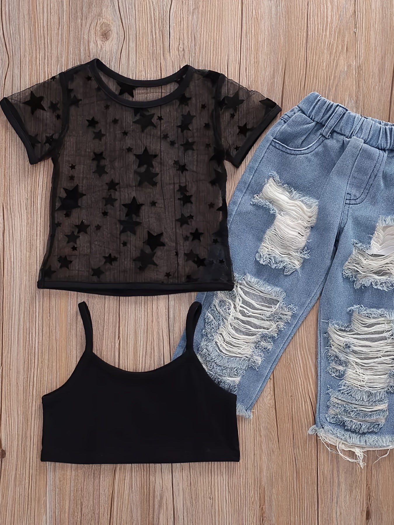 Girls Casual Cami Cropped Top & Mesh Star Print T-shirt և ջինսե ջինսե հավաքածու ամառային բացօթյա համար