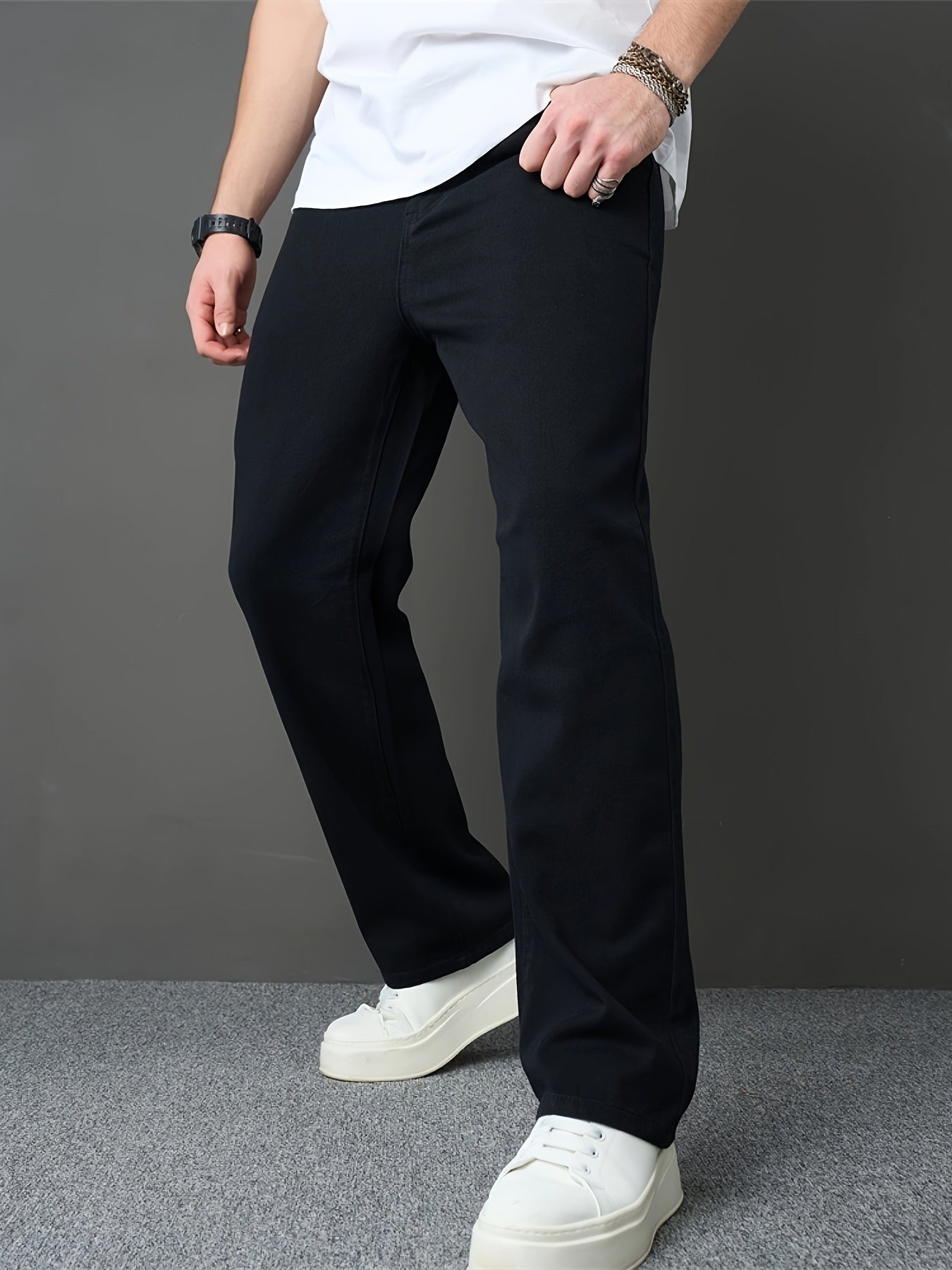 Men's Classic Black Straight-Leg Jeans - Loose Fit, Solid Color Denim, Cotton Blend, Machine Washable, All-Season Style, Streetwear Fashion|Modern Basic Jeans|Cotton Blend Denim
