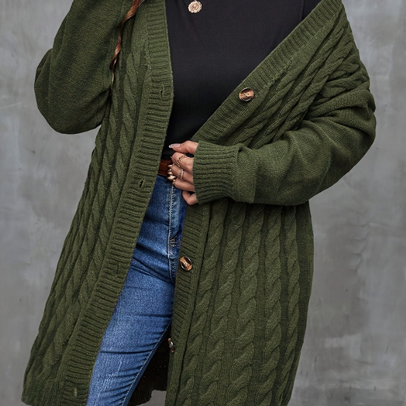 Women's Casual Long Knit Cardigan - Cozy Drop Shoulder, Thick Cable Knit Sweater with Buttons, V-Neck, Olive Green, Fall/Winter Fashion Outerwear, Cozy Autumn Apparel | Buttonfront Cardigan | Stylish Casualwear