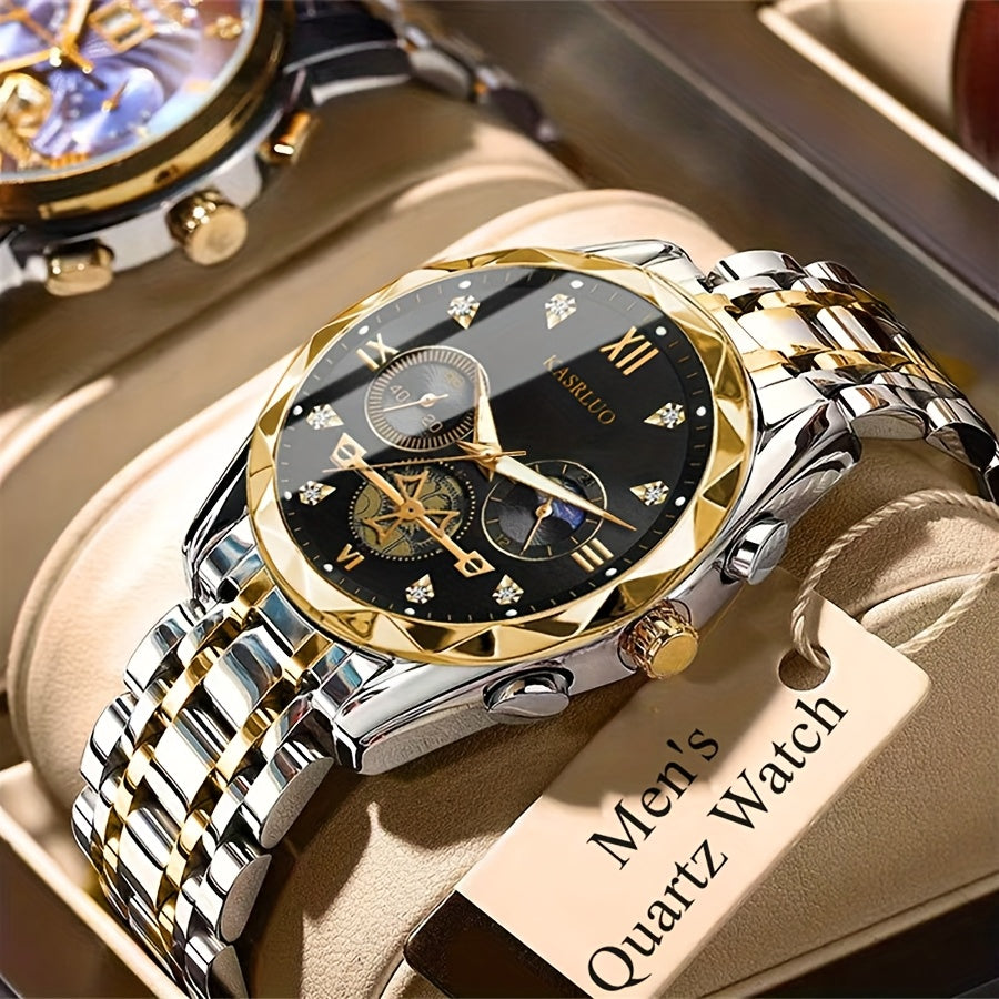 1pc Men'S Stainless Steel Quartz Watch with IPX7, Luminous Display, Rhinestone Accents, Scratch-Resistant Dial, Date Window & Chronograph Function - Stylish Casual Timepiece for Casual Attire, Everyday Timepiece | Luminous Wa