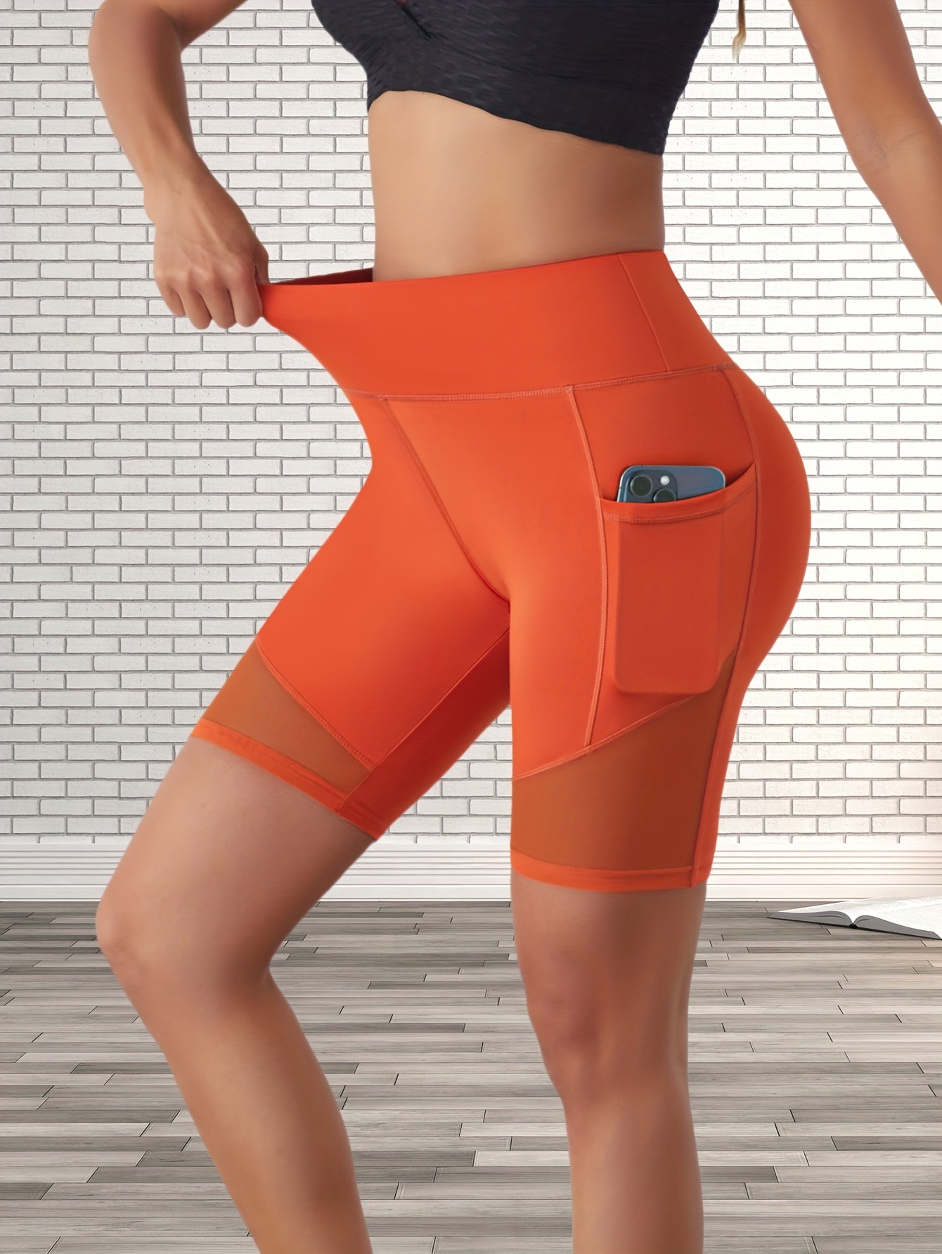 High Waist Mesh Contrast Yoga Short With Pocket, High Waist Stretch Running Biker Shorts, Women's Activewear
