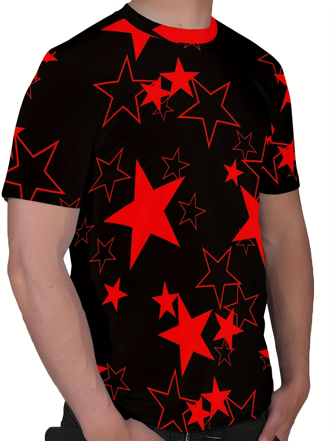 Men's Allover Color Blocking Stars Pattern Short Sleeve Crew Neck T-shirt For Summer, Casual Stylish Tee As Gift