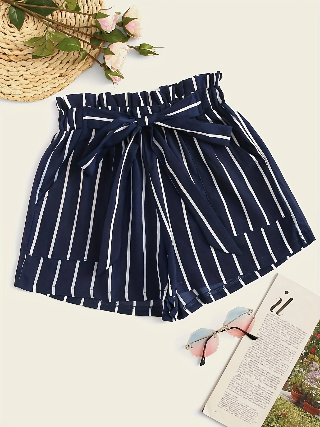 Striped Paperbag Waist Belted Shorts, Vacation Slant Pocket Loose Shorts, Women's Clothing