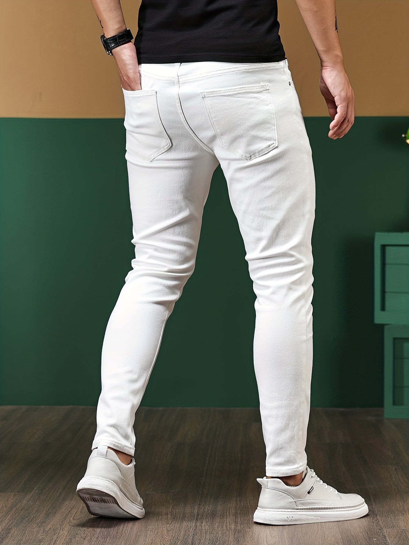 Slim Fit Chic Jeans, Men's Casual Street Style All Match Stretch Denim Pants With Pockets