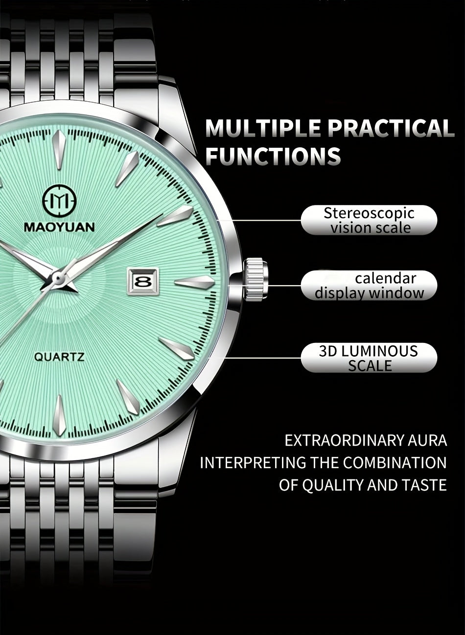 MAOYUAN Men'S Luxury Stainless Steel Quartz Watch with Date Display and Luminescent Hands - Elegant Green Dial, Metal Bracelet, Perfect for Business and Casual Attire, Ideal Gift for Men, Casual Watch | Elegant Watch | Quartz