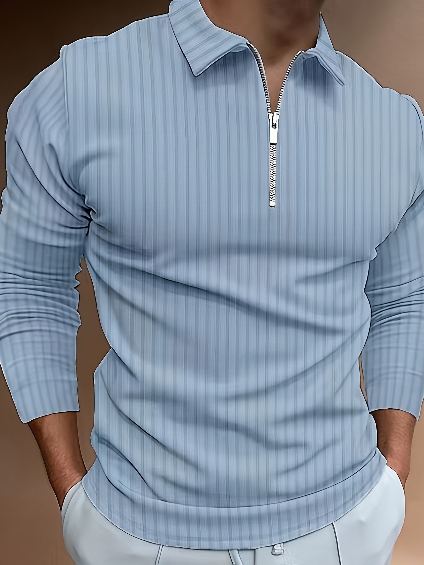 Men's Casual Sports Ribbed Long Sleeve Zipper Lapel Golf Shirt, Spring And Fall