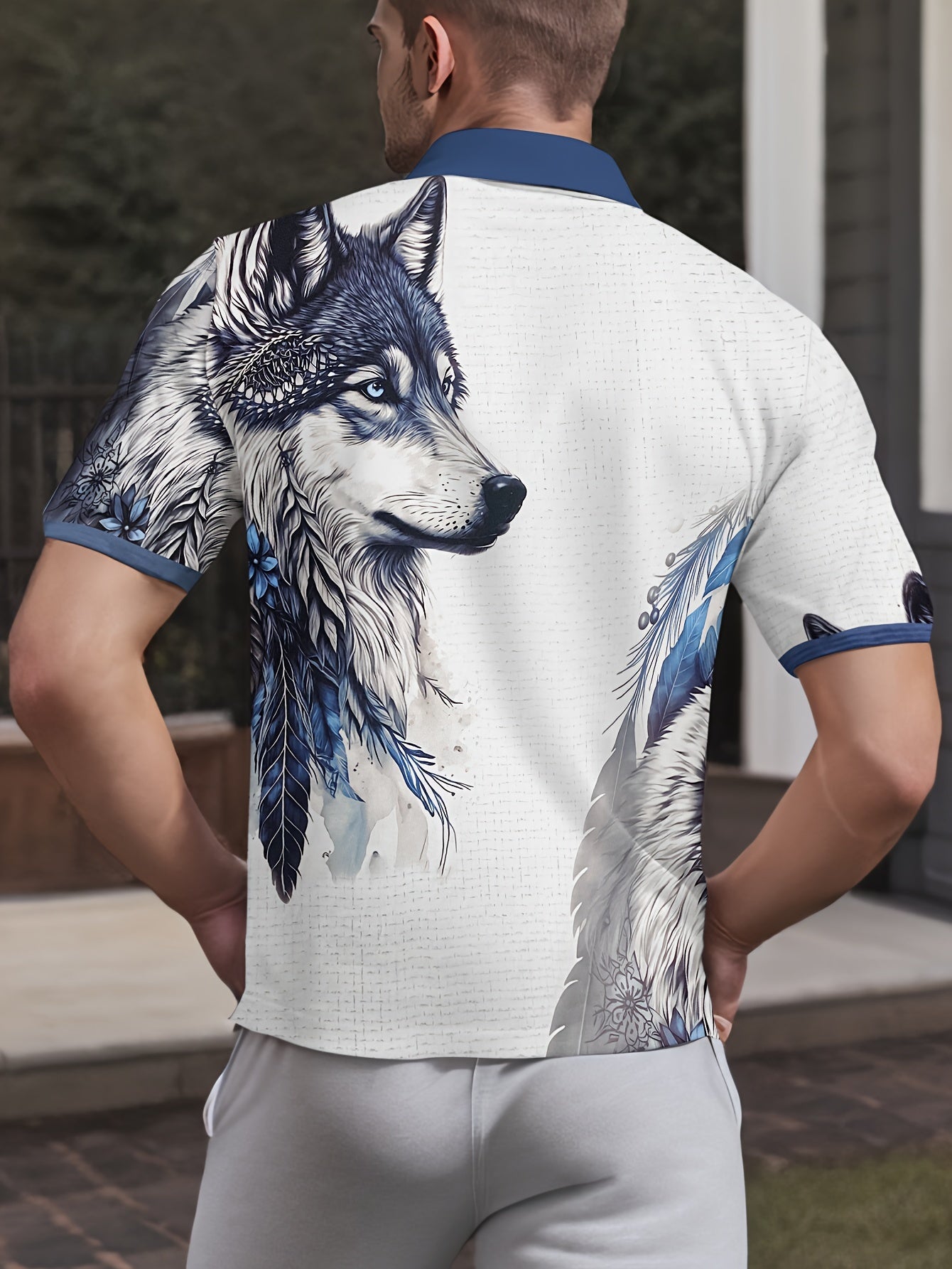 Men's 3D Wolf Print Shirt - Stylish White & Blue, Breathable Polyester, Short-Sleeved with Slightly Elastic Lapel - Ideal for Work or Streetwear, Summer Wear